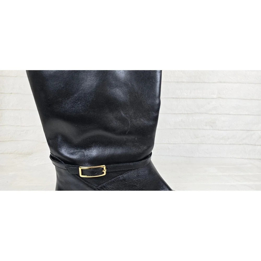 Arezzo Womens Black Leather Knee High Boots Side Zip Gold Buckle Accent Size 9.5
